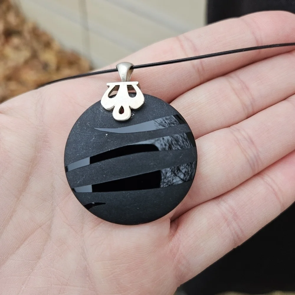 round black striped glass stone pendant necklace with sterling bail